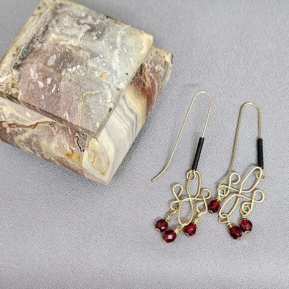 Red Glass Beaded Earrings, 14k Gold Filled Wire Wrap links, Handmade 2.5" - Picture 7 of 9